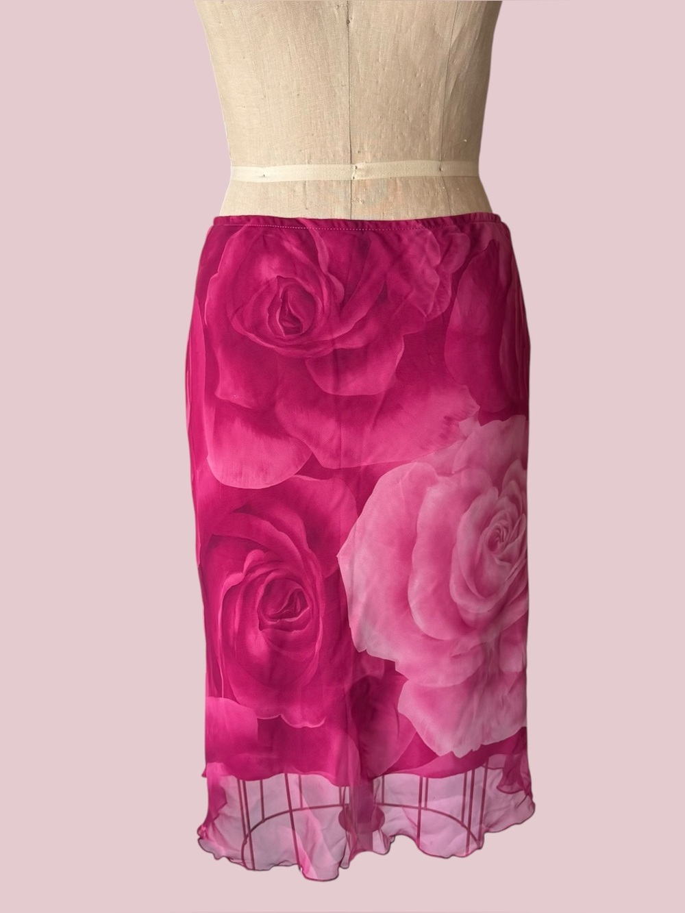 Vintage Y2K Pink Rose Patterned Midi Skirt